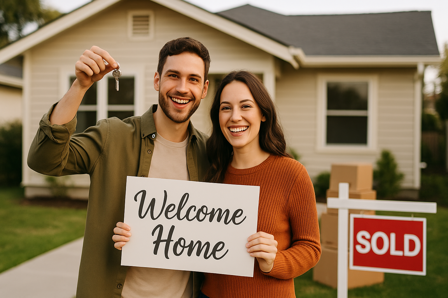 A happy, young couple just got the keys to their first home.