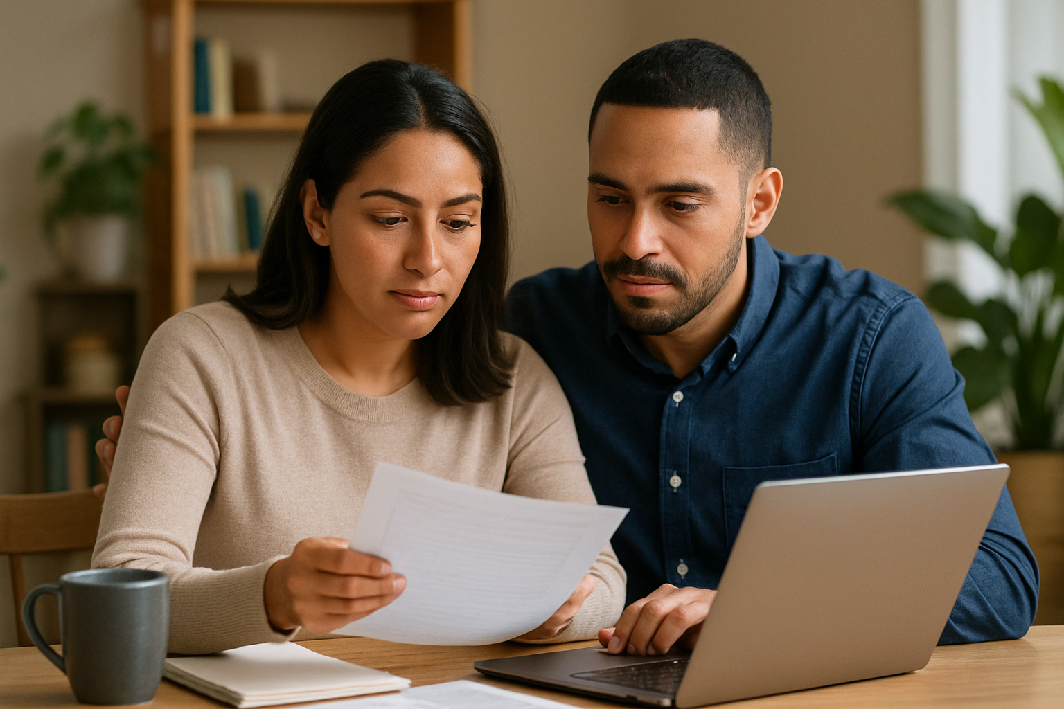 A young couple is reviewing a document, in front of their laptop, sitting at a table.