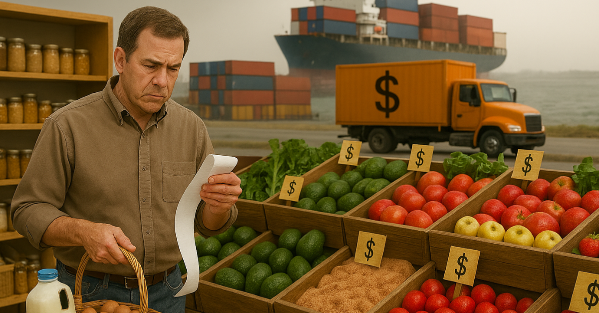 A concerned man reviews his grocery bill in front of the produce section of a market. There is a cargo ship and containers, as well as a truck to transport goods, in the background. There are dollar signs signifying the cost of items in the supply chain is a concern.
