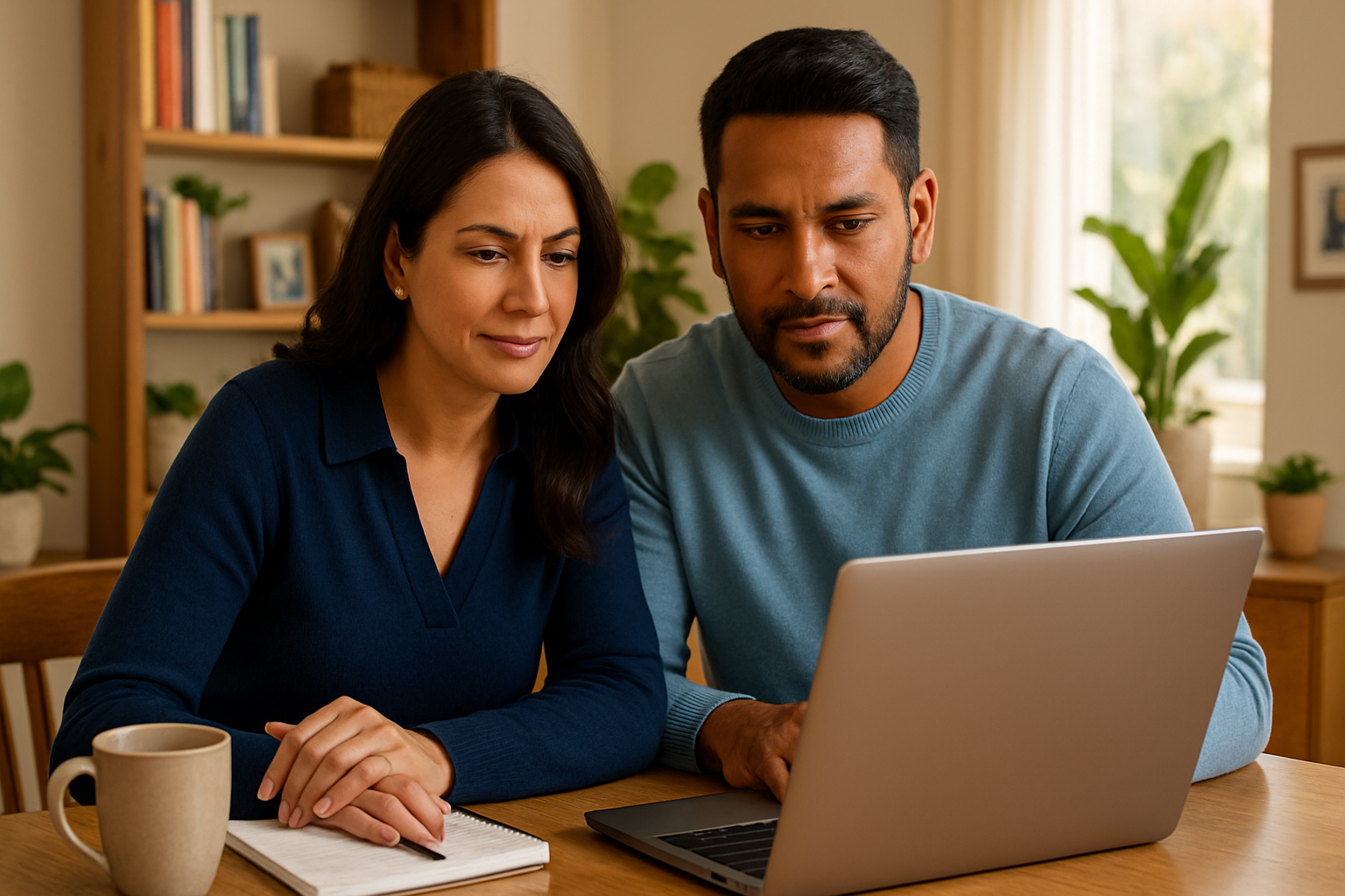 A couple sitting at a table looking at a laptop
