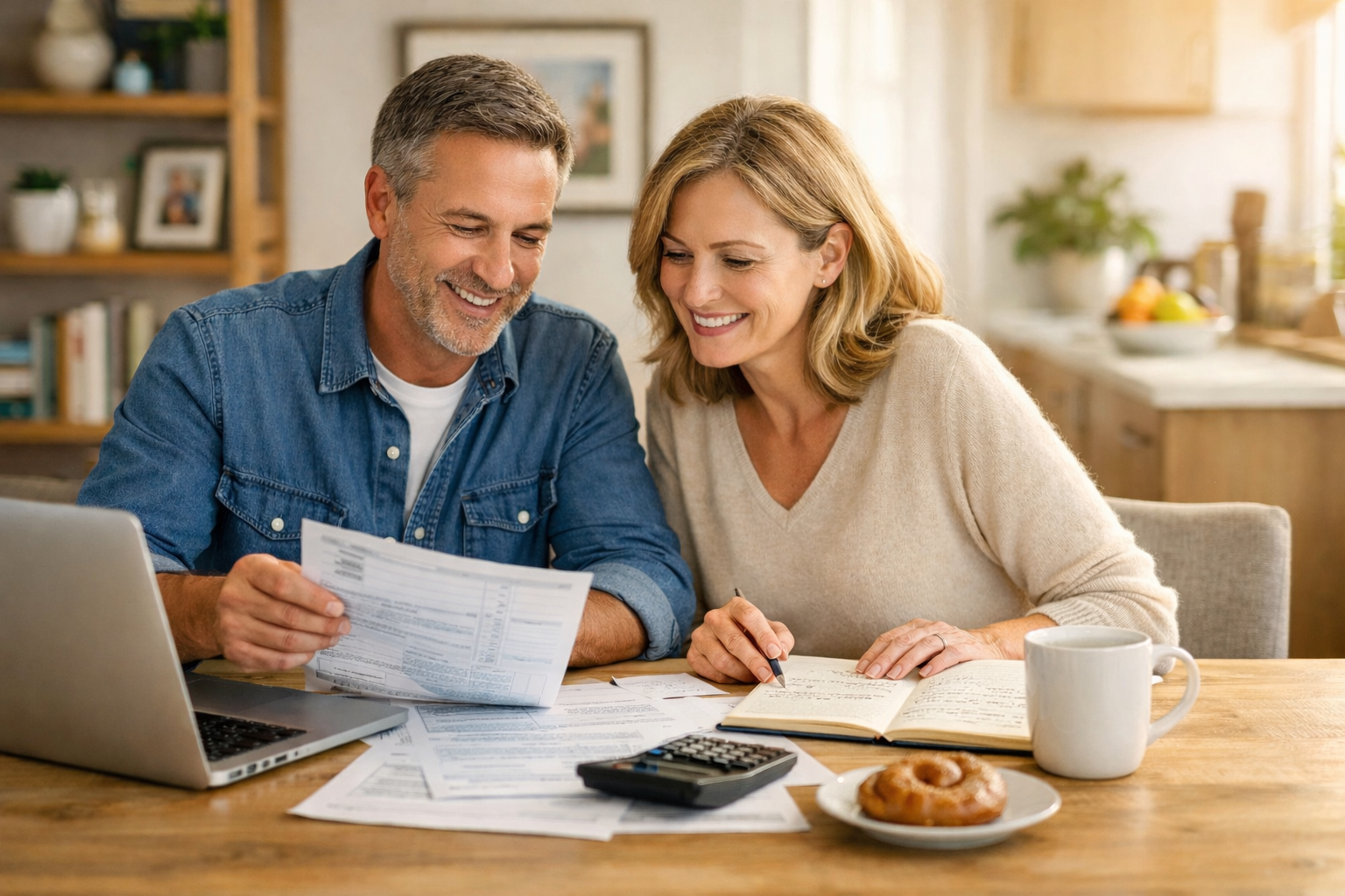 A couple sitting at a table and looking at documents in front of a computer