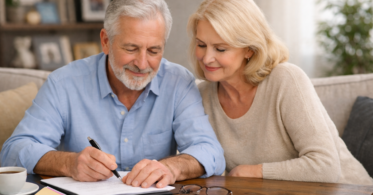 A couple sitting at a table and filling out a document or form.