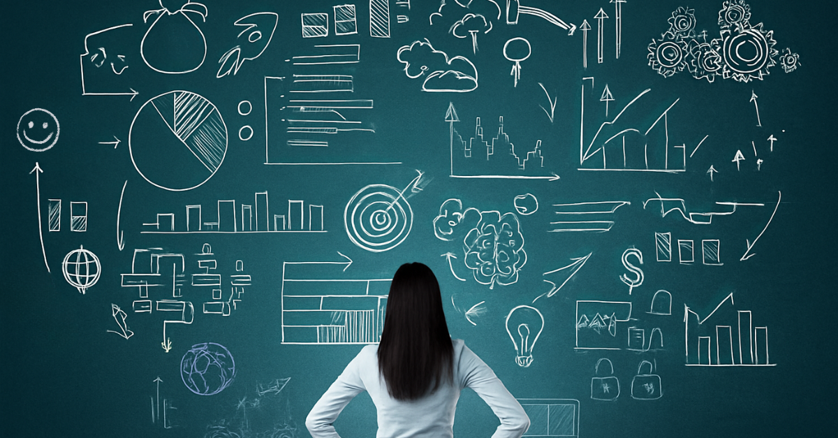 A woman standing in front of a chalk board covered in symbols.