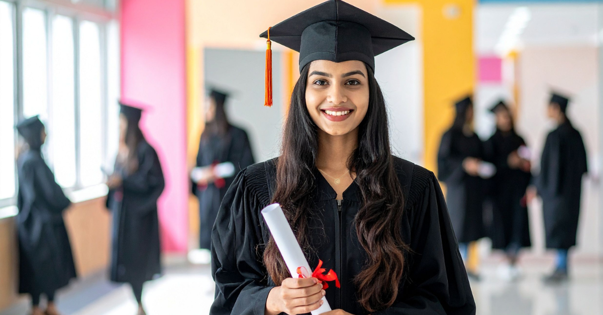 A young high school graduate holding a diploma in her cap and gown,