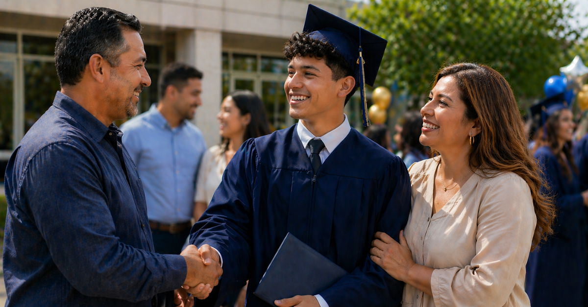 A high school graduate in his cap and gown standing with his proud parents.
