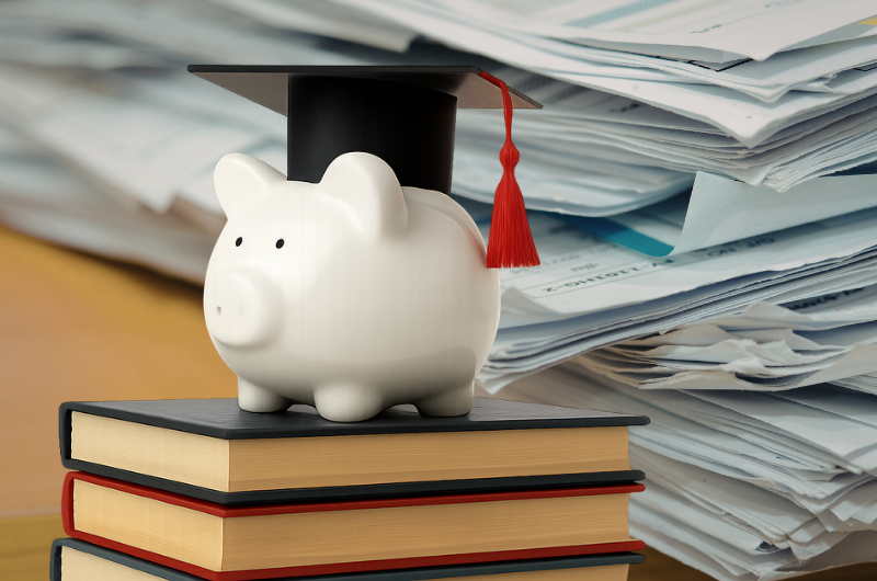 A piggy bank with a cap and gown sitting on a stack of books and next to a pile of papers.