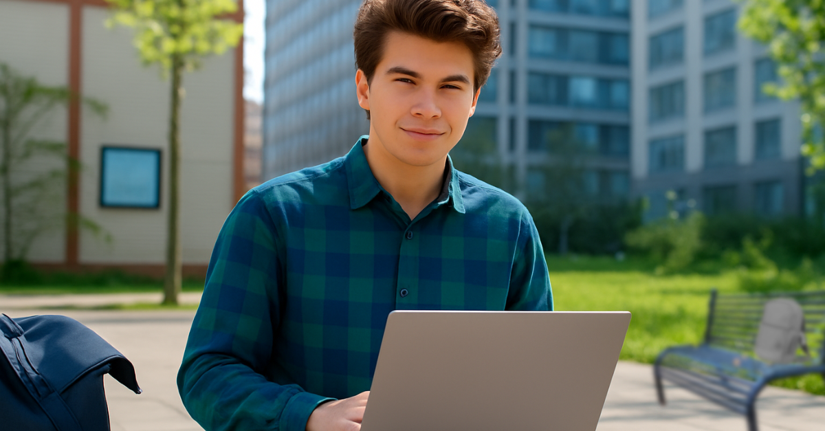 A young man sitting on a bench with his computer open on his lap.