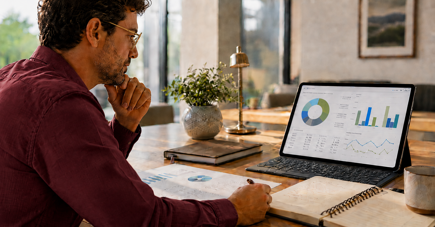 A man sitting at a desk looking at financial charts and graphs.