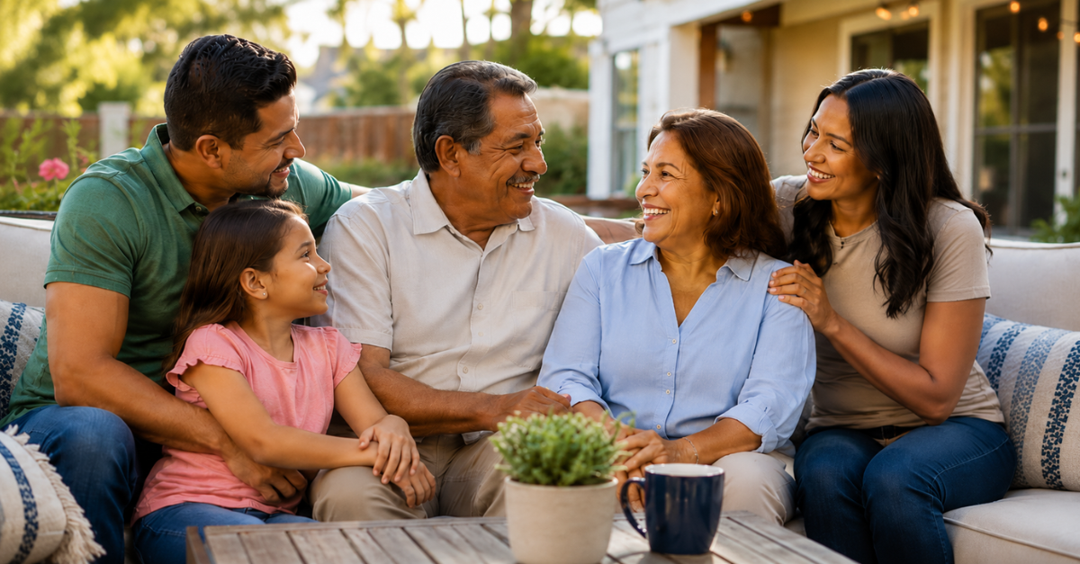 A multi-generational family sitting around a table outside in the backyard.