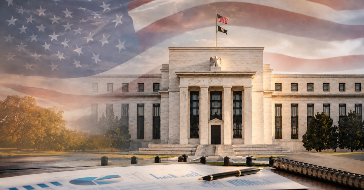 The Federal Reserve in front of a backdrop of the U.S. American flag