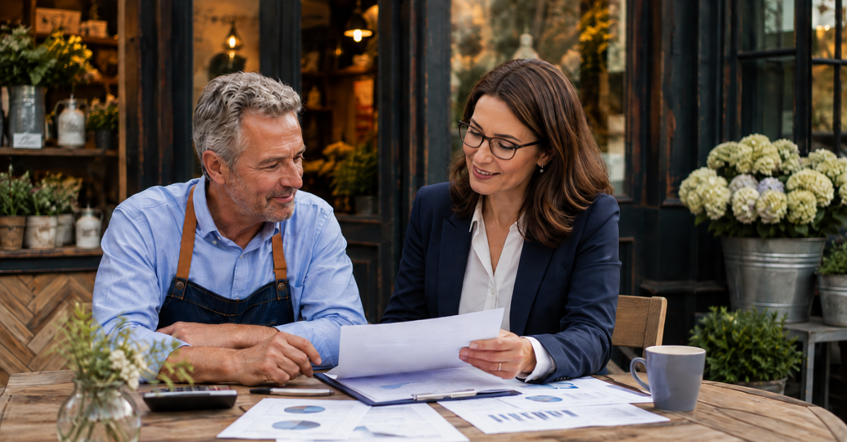 A business owner talking with an advisor at a table, looking at documents.