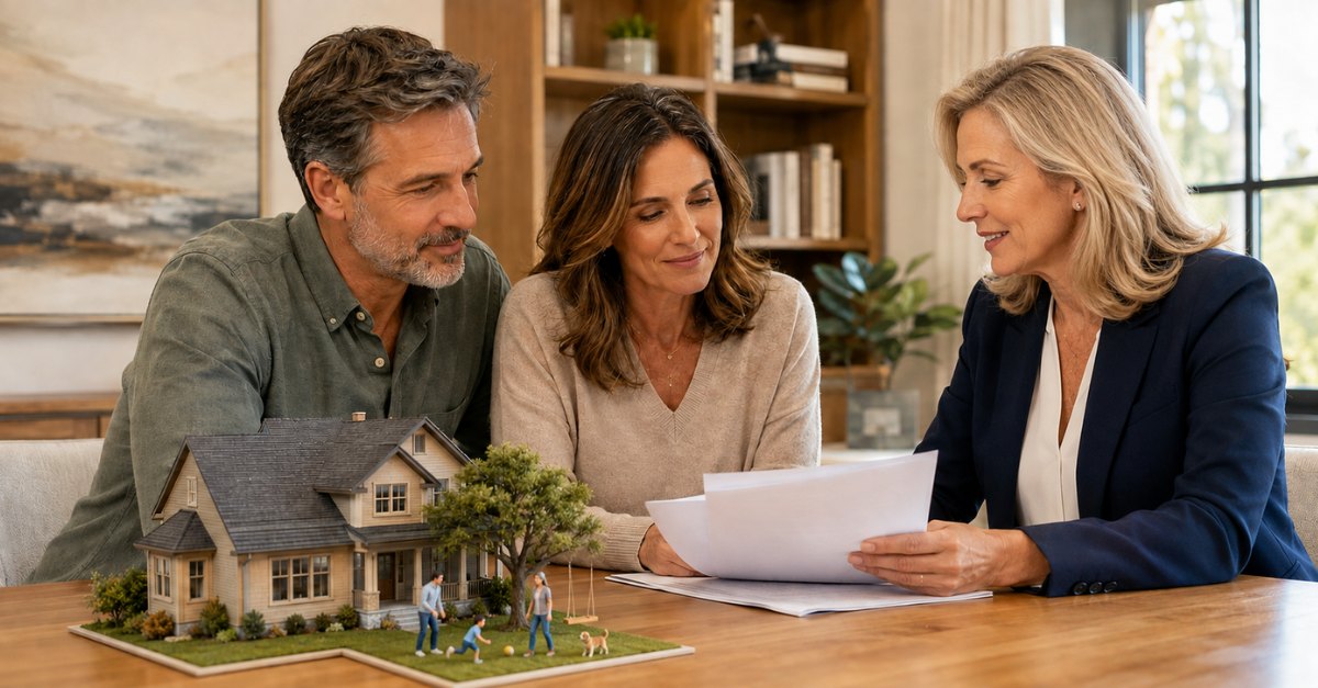 A couple sitting with an advisor going over documents