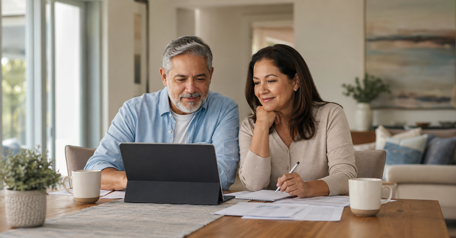 A couple sitting at a table looking at information on a laptop