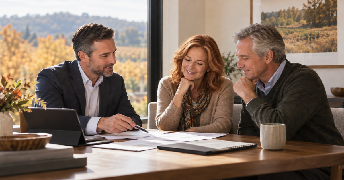 A couple sitting at a table reviewing documents with an advisor