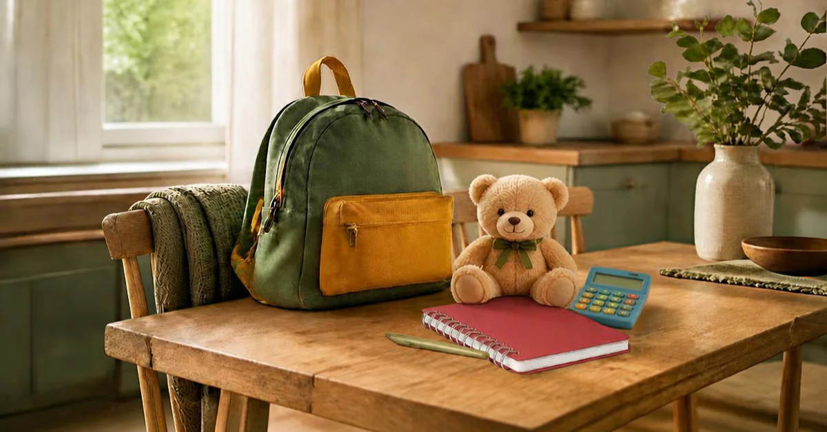 A teddy bear, notebook and child's backpack sitting on a table in a home