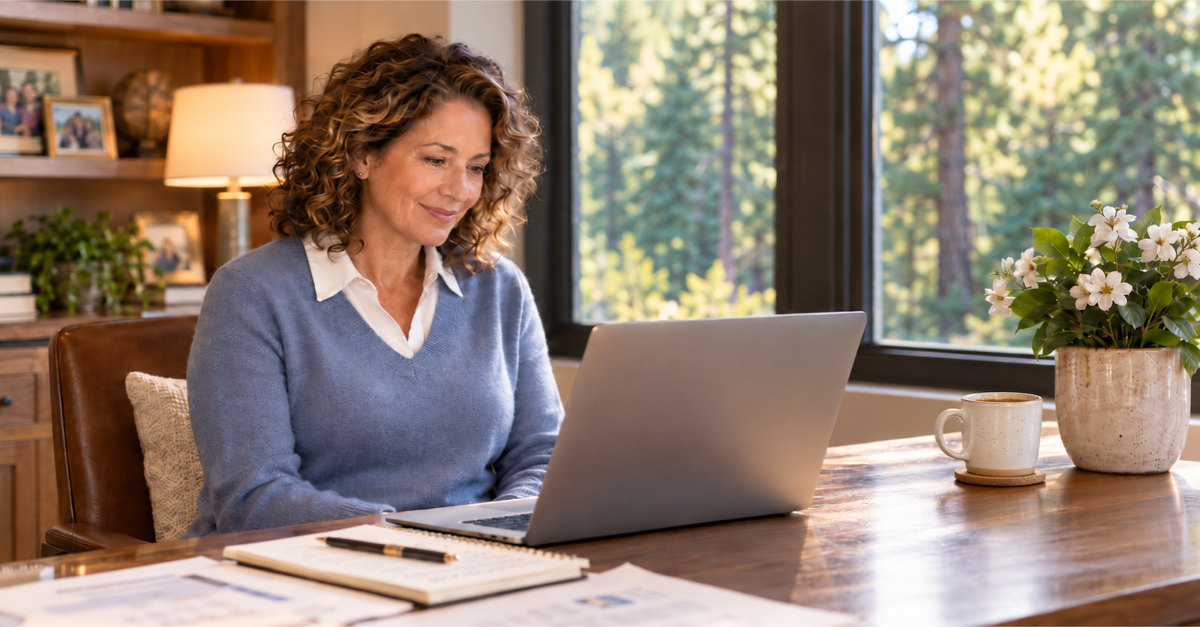 A woman sitting at a desk in a home office, looking at her computer screen